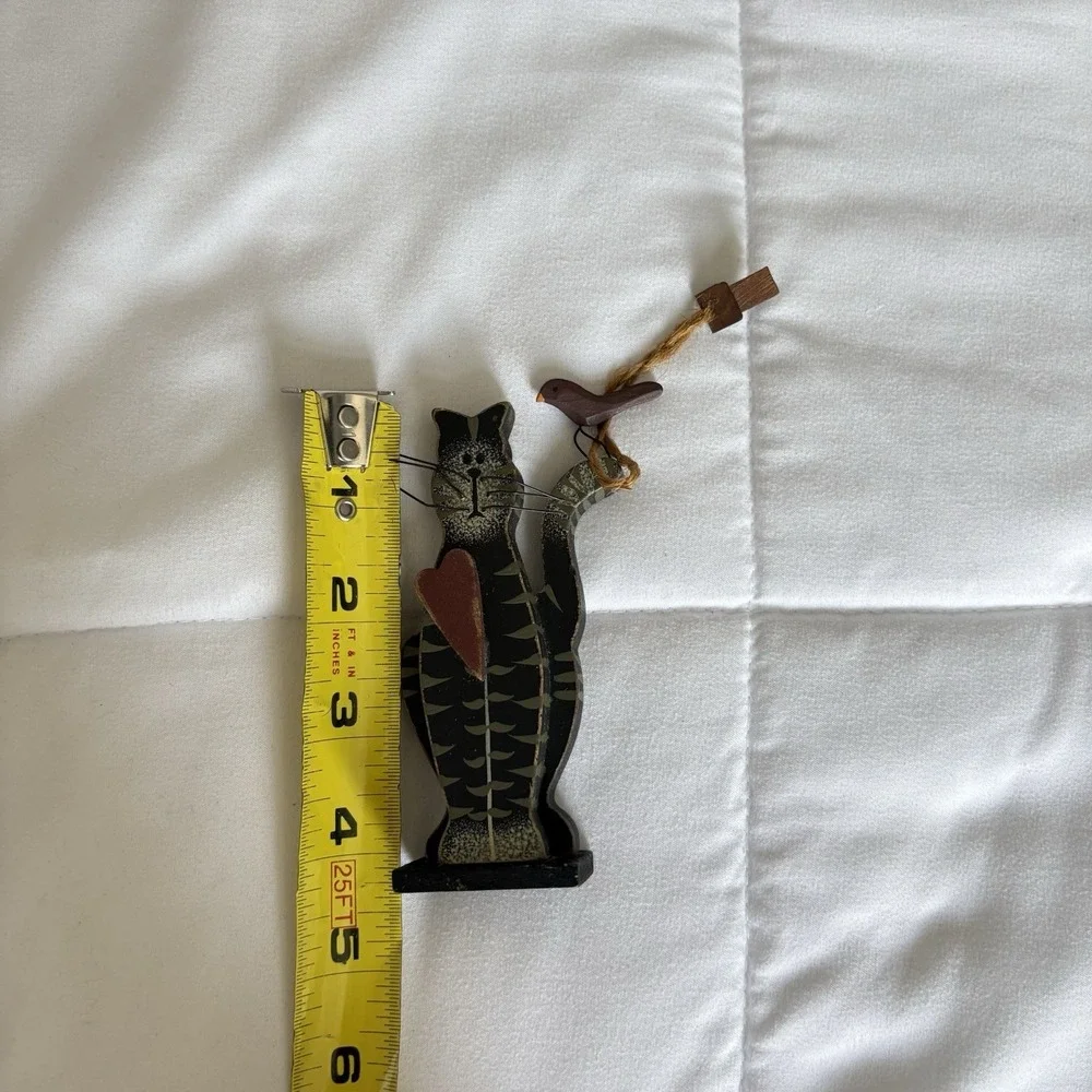 Vintage 90s Folk Art‎ Black Gray Cat Kitty Heart Bird And Bird House Wood Decor